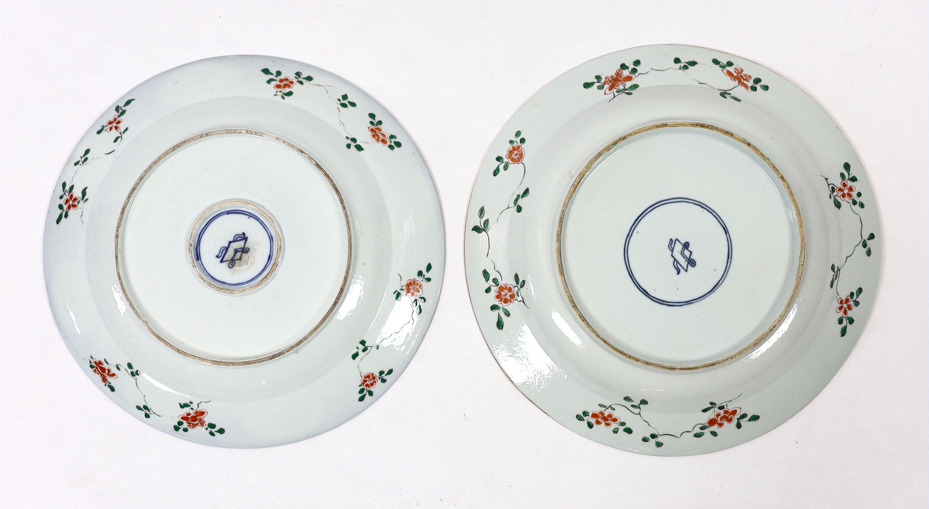 A near pair of Samson famille verte powder blue dishes in Chinese export style, one with some restoration